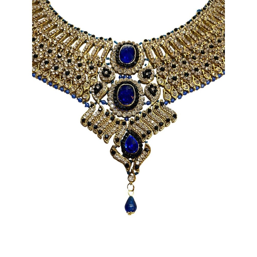 Gold & Blue Crystal Bib Necklace With Matching Chandelier Earrings Bridal - Picture 4 of 16